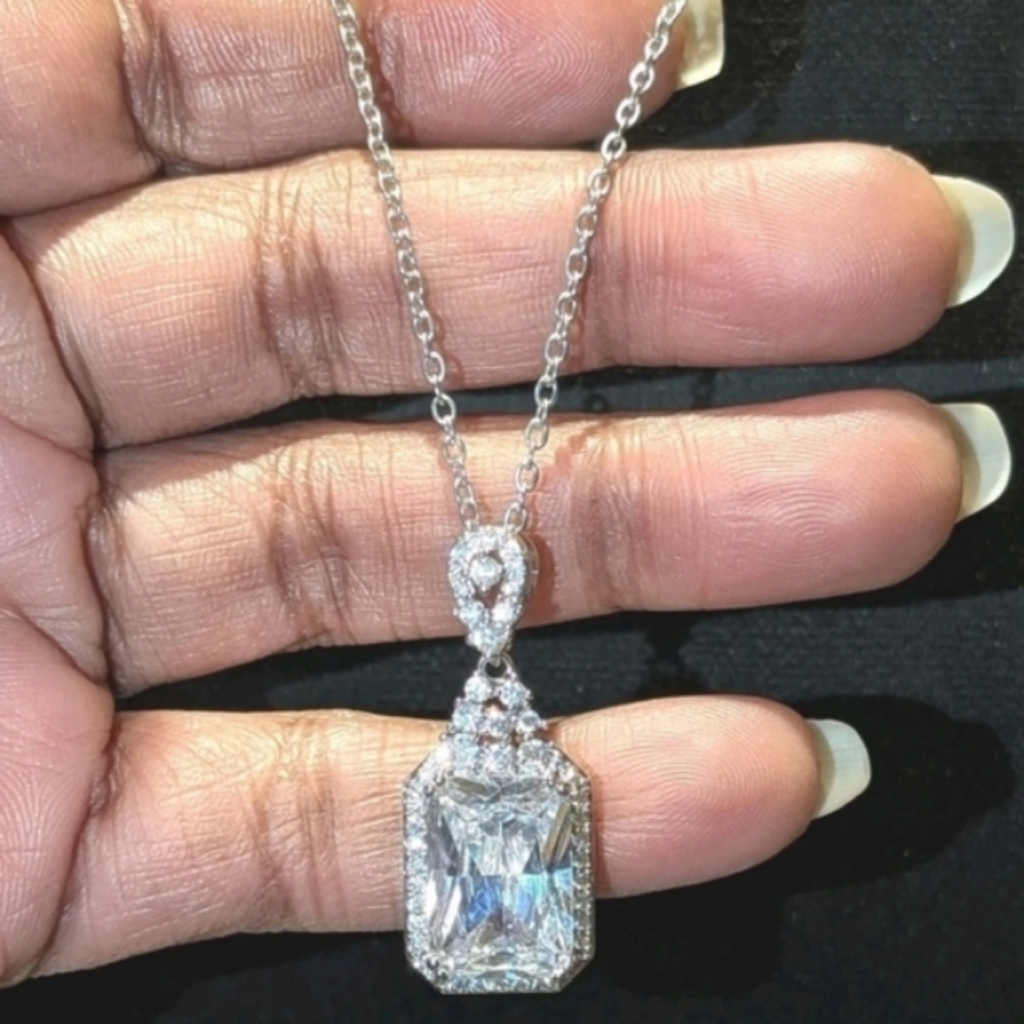 860 Ct Emerald Cut White Sapphire 18k White Gold Plated Silver Pendant Chain